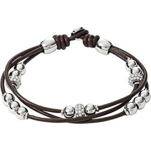 Womens Leather Bracelet Stainless Steel Brown Leather Wrap Beaded Bracelet Wrist